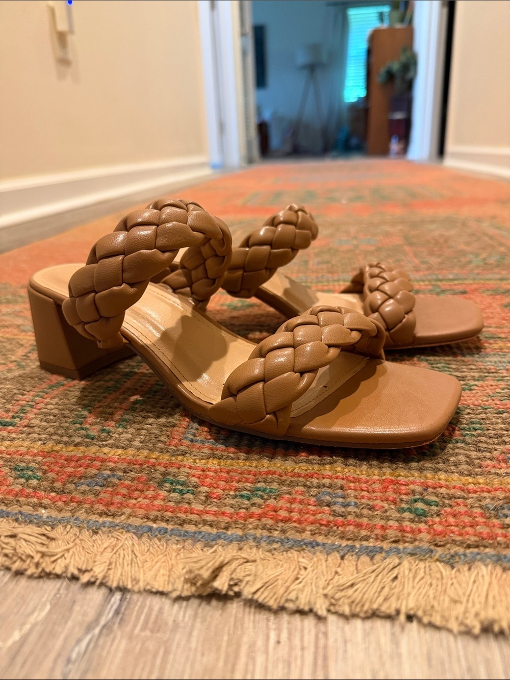 Braided Strap Tan Block Heel Sandals for Women